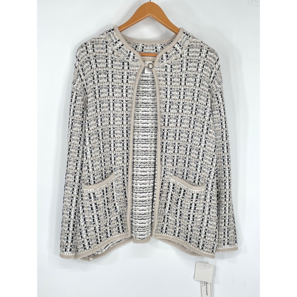 NWT Alfred Dunner Womens Cardigan 1X Sweater Beige Black Tweed Pearl Button $93